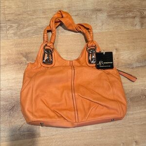 B Makowsky Orange Leather Twisted-Handle Shoulder Bag